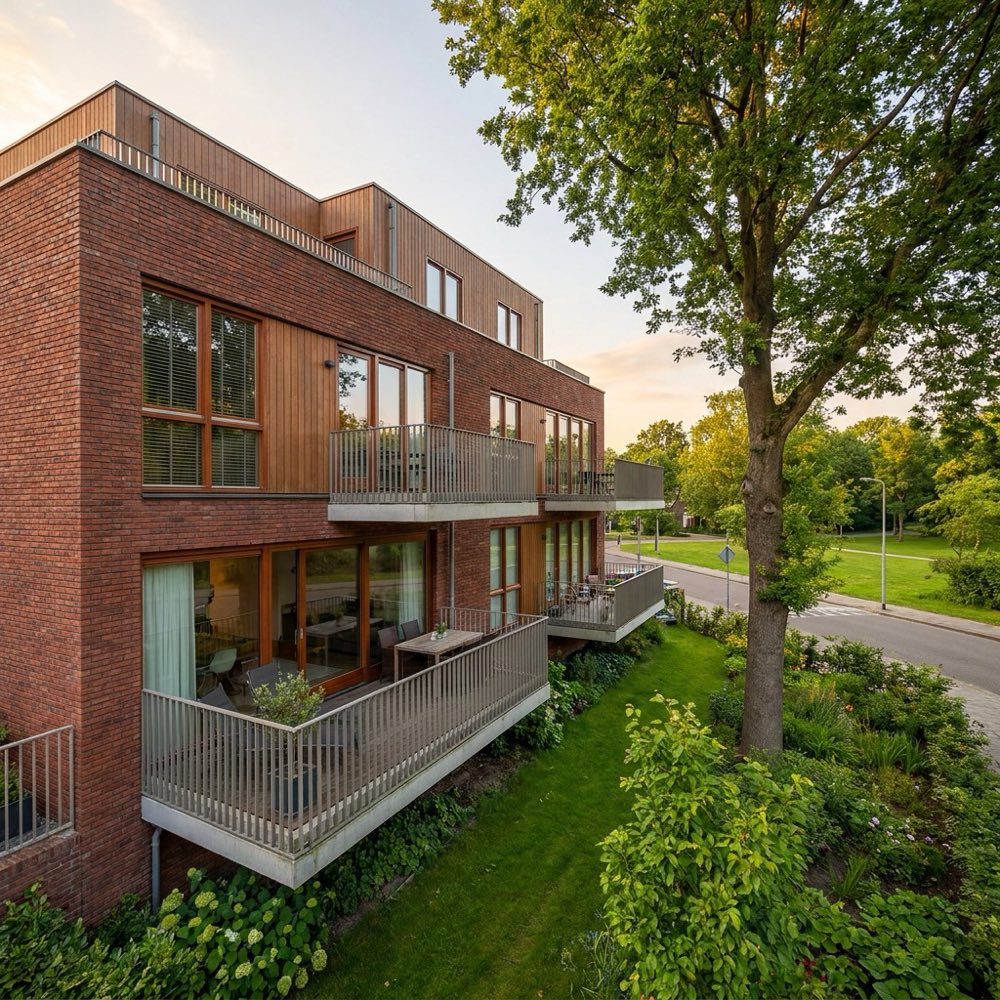 Modernes Klinker-Wohnhaus mit Balkonen am Park in Dresden