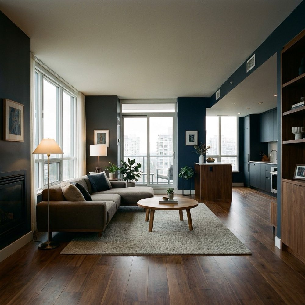Wohnzimmer einer modernen Etagenwohnung in München