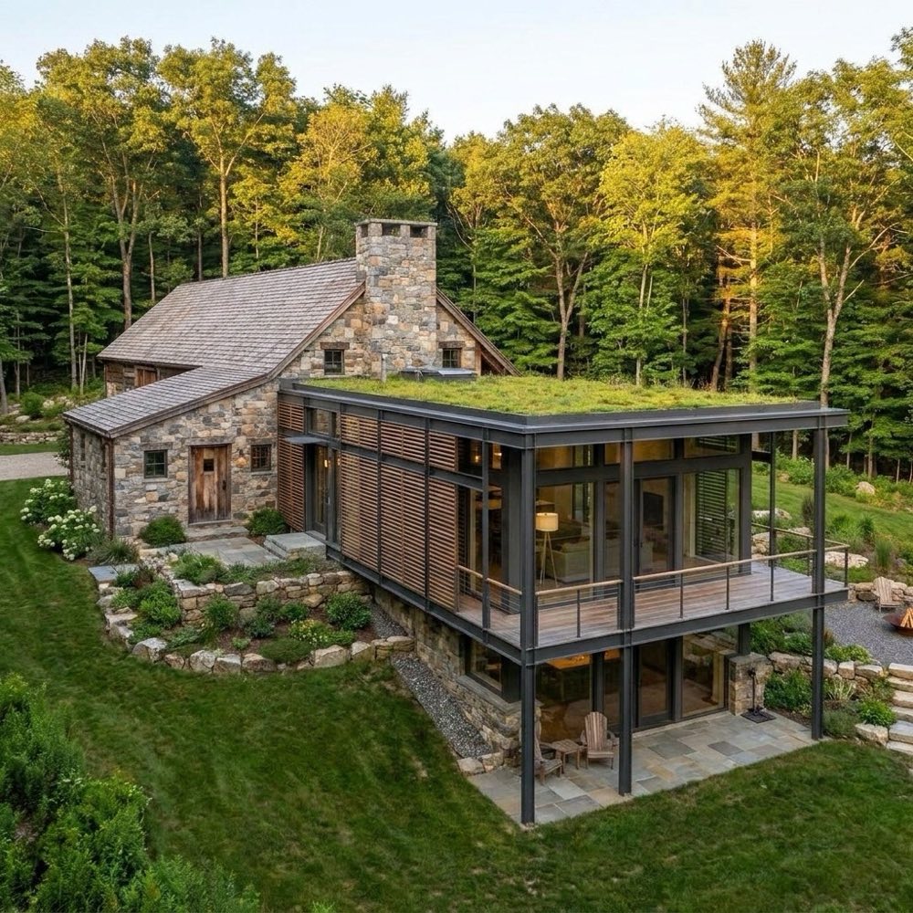 Architektenhaus aus Naturstein, Holz und Glas am Waldrand im Schwarzwald